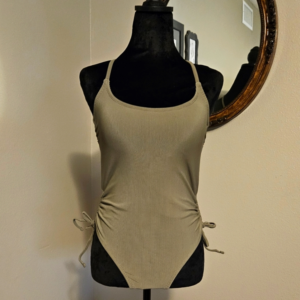 Women's Ribbed Olive Green One Piece Swim Suit Size M